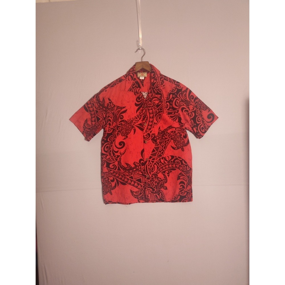 Hawaii Station Mens Small Red Black Tribal Turtle Aloha Shirt Made‎ in Hawaii